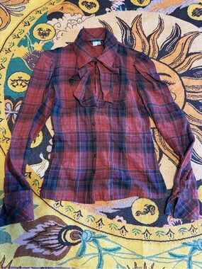 Peruvian Connection Red and Navy Plaid Button-Front Bow Blouse